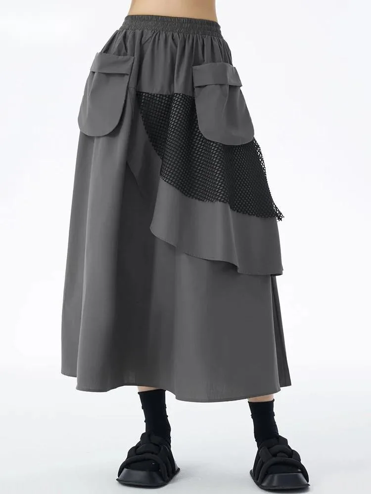 

Серая сетчатая юбка трапециевидной формы с высокой эластичной резинкой на талии и карманами, женская модная новинка весны и осени