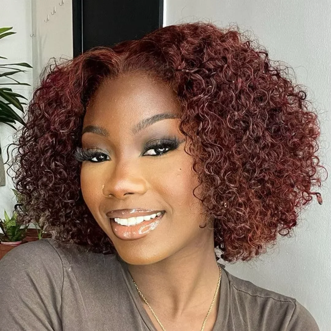 

Reddish Brown Water Wave Lace Short Curly Wig Burgundy Red Remy Short Cut Bob Frontal Human Hair Wigs 100% Real Human Hair