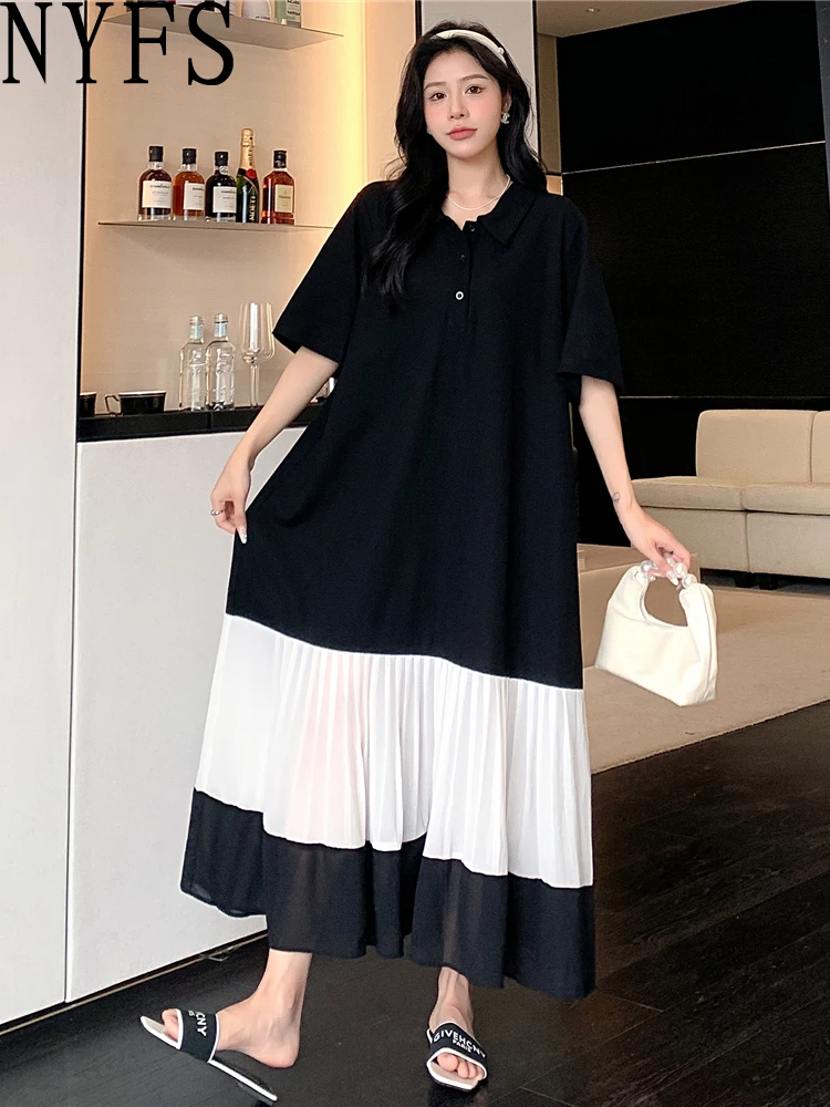 NYFS женское летнее платье, свободное, большие размеры, модное лоскутное платье-поло с короткими рукавами, длинное платье Ete Femme Elbise, новинка 2023 года