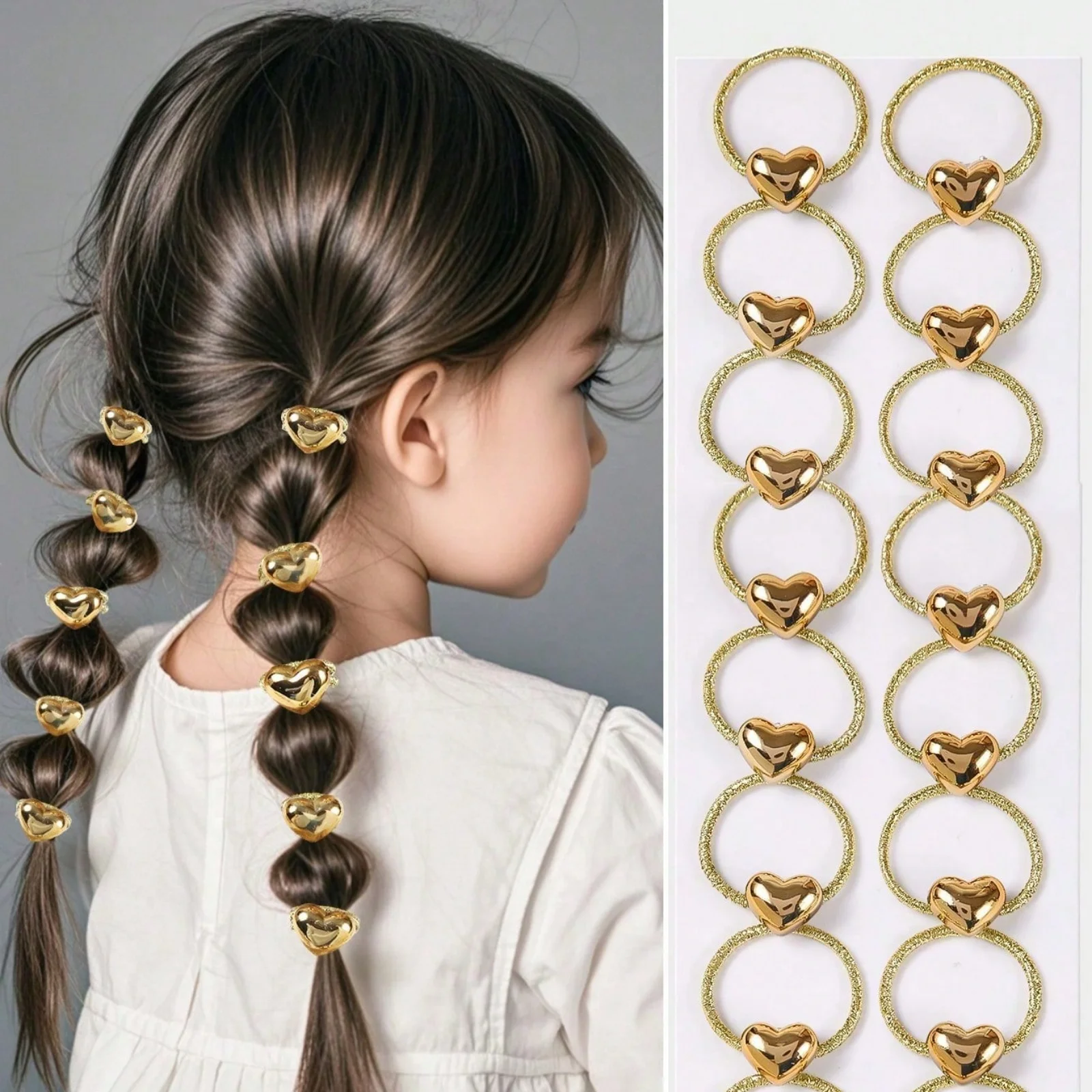 10PCS Gold Heart Hair Rings Set, Glittery Braided Hair Accessories For Girls, Cute Metallic Heart Decor Hair Bands