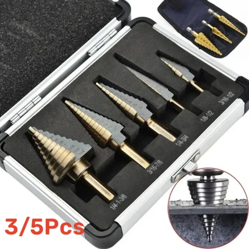 3/5 Pcs HSS Cobalt Multiple Hole 50 Sizes Step Drill Bit Set Tools Titanium Coated Metal Hex Core Drill Bits Woodworking Tools