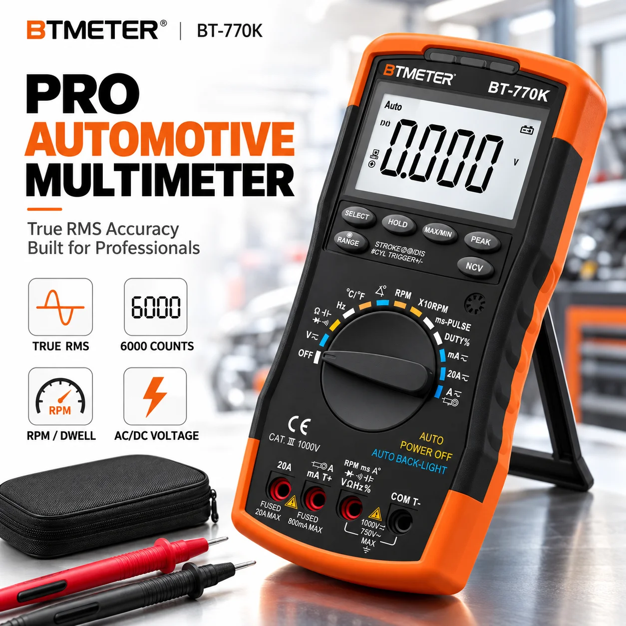 Multímetro Automotivo Digital, Testador de RPM e Tempo de Abertura, Medidor de Tensão e Corrente AC/DC com Detecção de Capacitância, Frequência e NCV, Autoajuste de Faixa