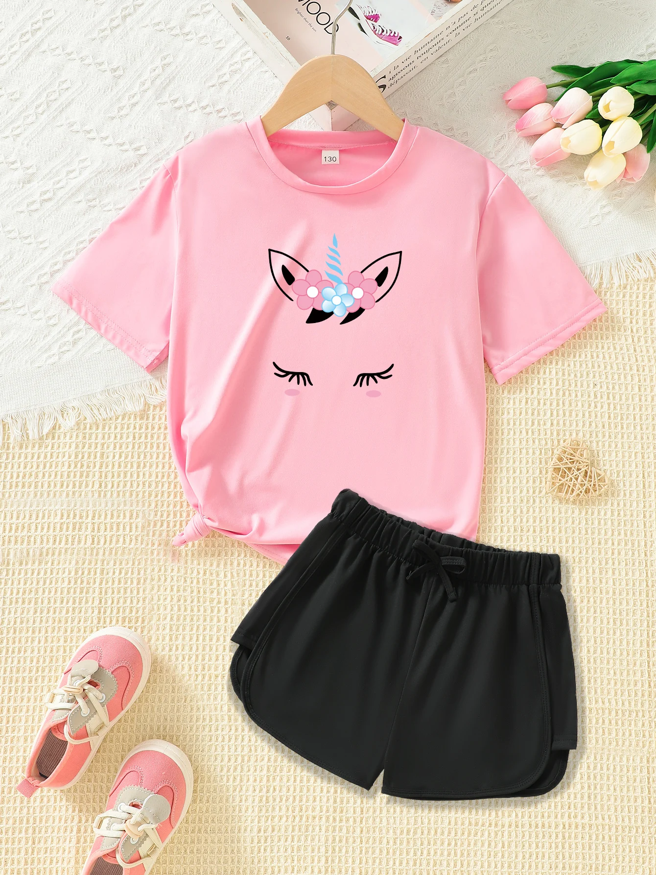 2 Piece Summer Clothing Set for Girls Printed Casual Short Sleeve Shorts Polyester for Comfortable and Soft Clothes For Girls