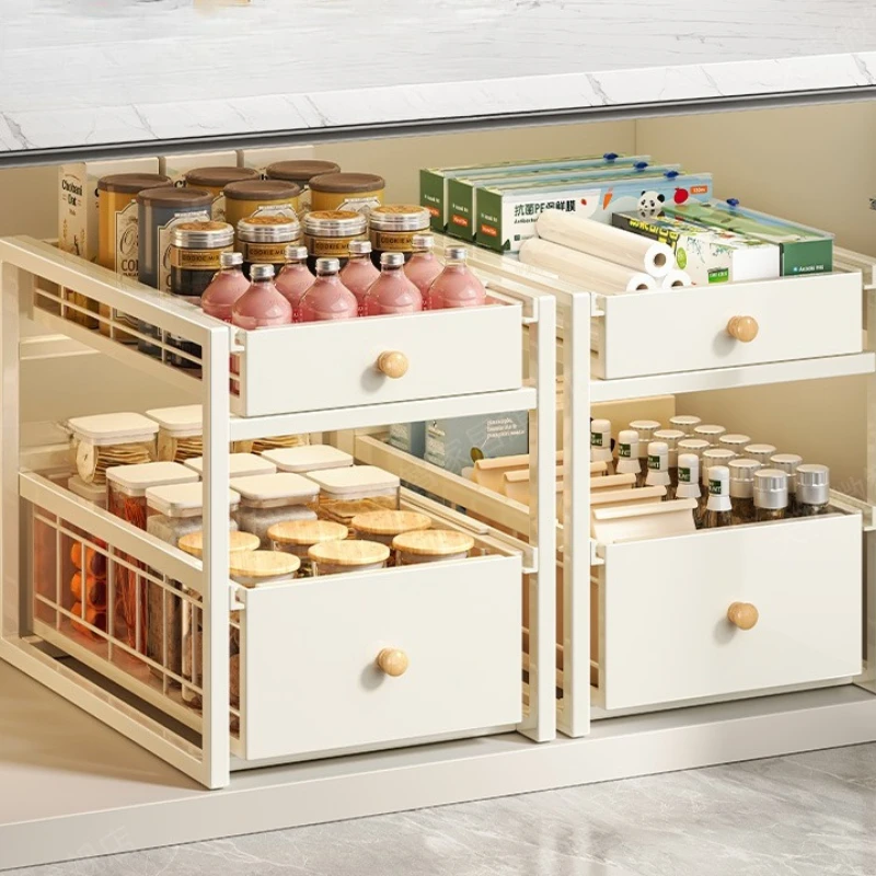 

Under Sink Cabinet Organizer Set 2-Tier Pull-Out Dish Rack with Dividers Slide-Out Tray System for Cleaning Supplies & Bottles