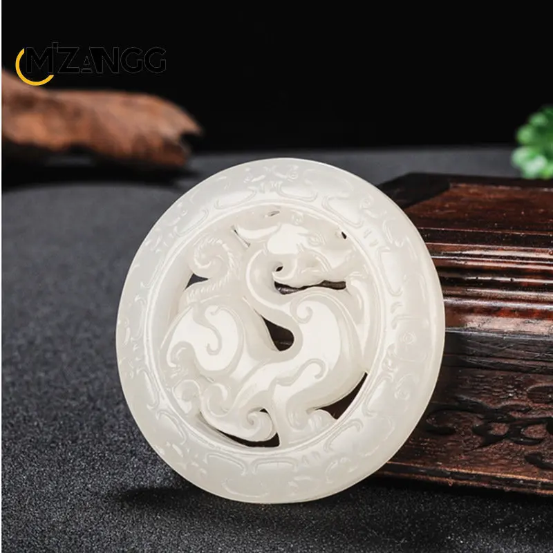 Naturalny Hetian Jasper Retro smok Jades wisiorek prawdziwy piękny rzeźbiony Hollow smok Men & naszyjnik damski z wisiorkiem prezent świąteczny — zdjęcie 5