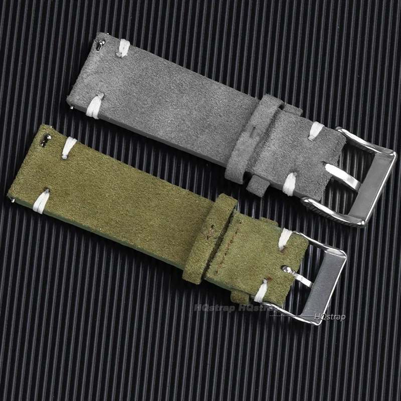 Suede Leather Watch Strap 18mm 20mm 22mm Grey Vintage Band Soft Replacement Wristband Handmade Stitching Watchband Universal