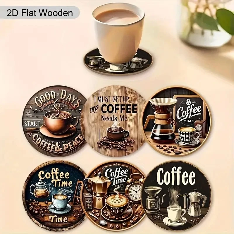 2D 6pcs Retro Coffee Time Wooden Napkin Set Coffee-Themed Design for Home Office Cafe Tabletop Decoration Unique Gift Idea