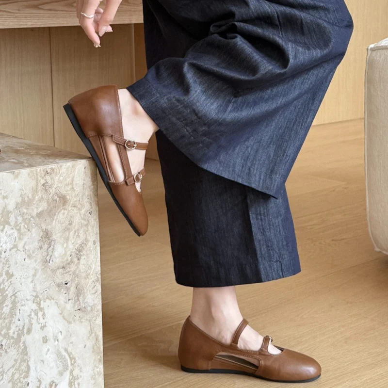 

Женские балетки, новинка 2025, модные дышащие туфли на плоской подошве с пряжкой, повседневные женские туфли Мэри Джейн на полой подошве, элегантные женские туфли на плоской подошве