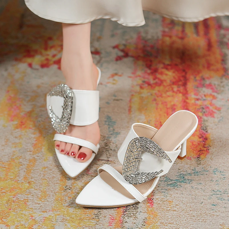 

New Summer Women's Pointed Open Toe Solid Color Vintage Thin High Heel Slippers Women Fashion Rhinestone Embellishment Sandals
