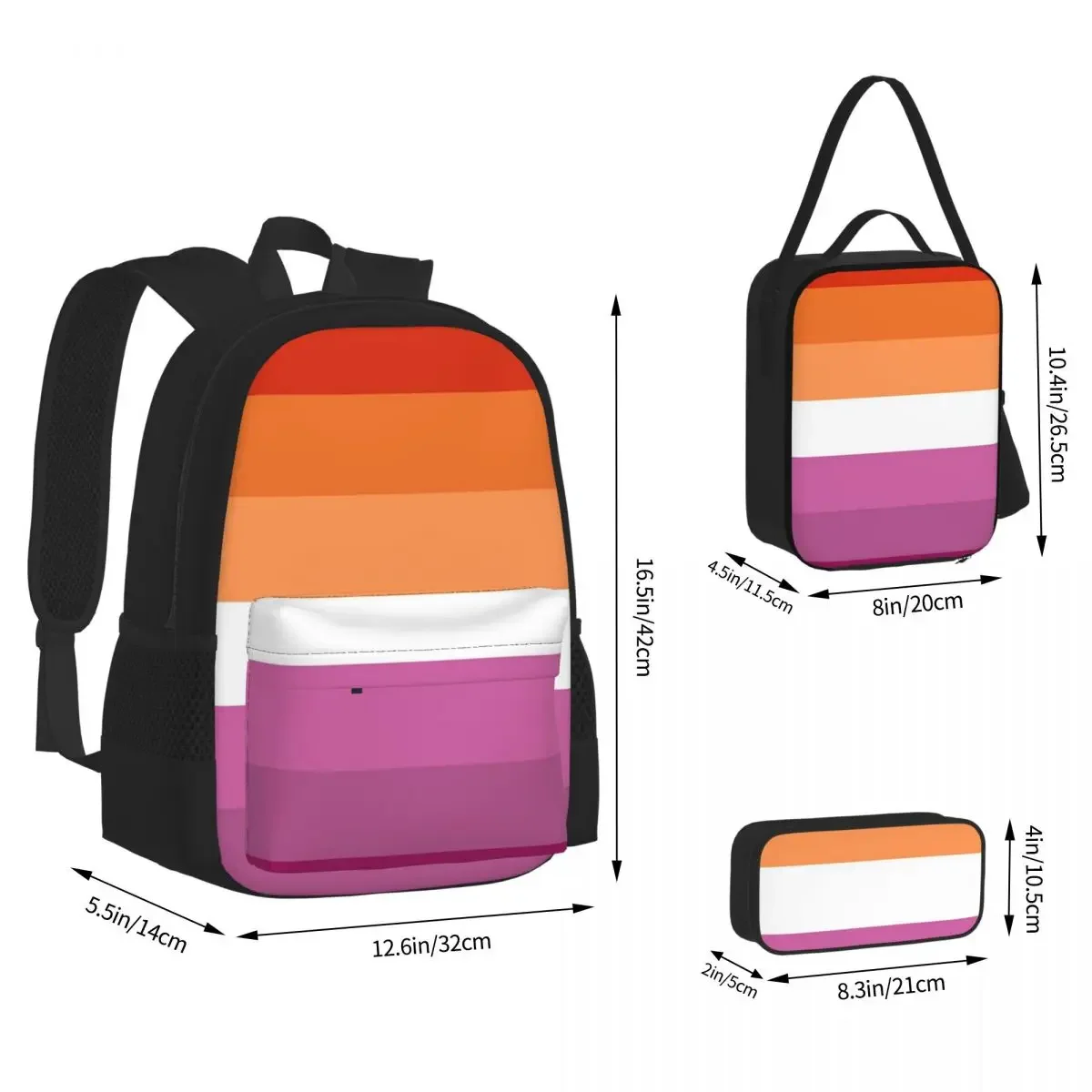 Magenta Lines Lesbian Pride Flag Butch Femme Pride Flag Backpacks Bookbag School Bags Rucksack Lunch Bag Pen Bag Three-Piece Set