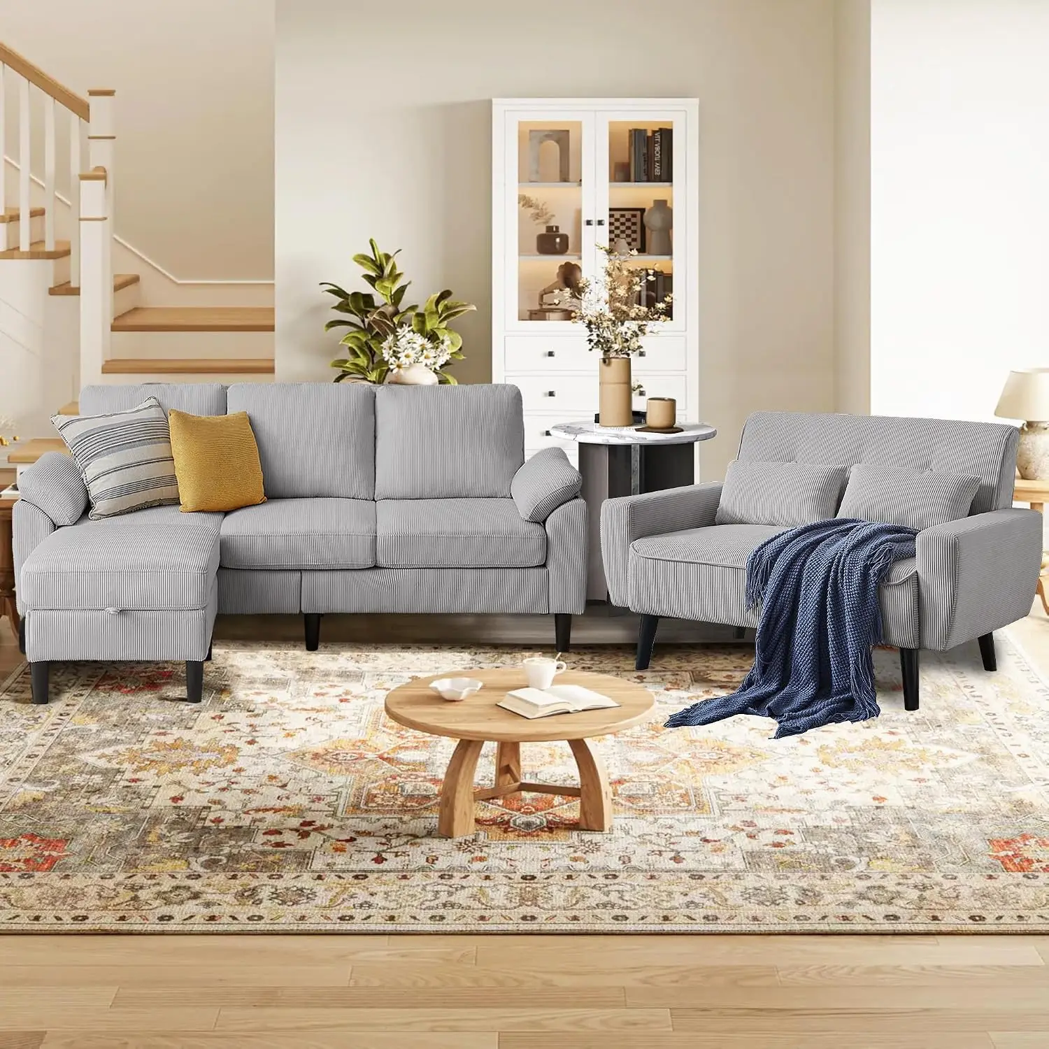 3 Pcs L-Shaped Sectional Sofa With Storage Ottoman, Removable Cushions, Corduroy Living Room Furniture, Grey, Customized