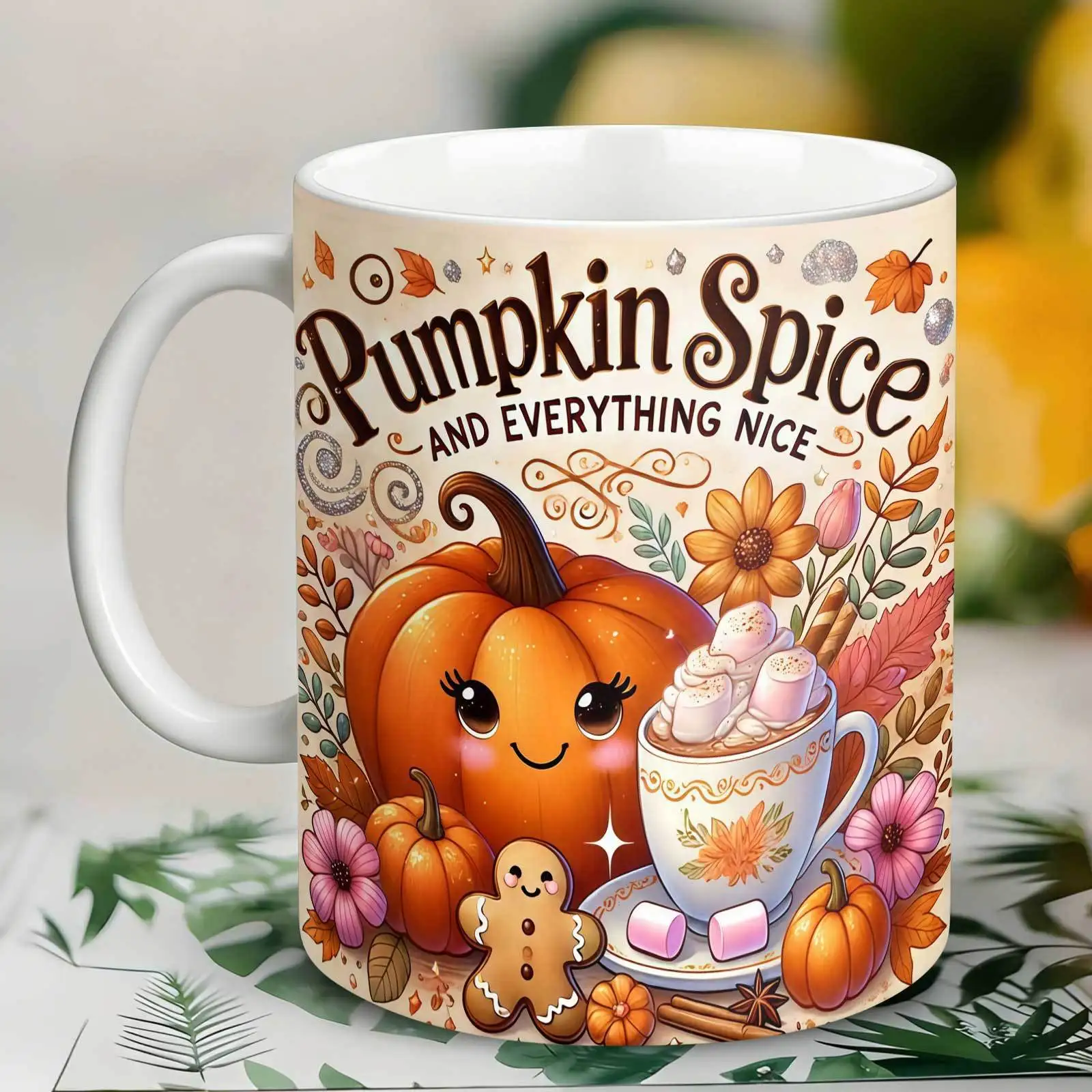 Keramische mok met een herfstthema en een cartoonafbeelding van een pompoen, perfect als cadeau voor vrienden, in de vorm van een Thanksgiving-pompoen-kruidenlatte.