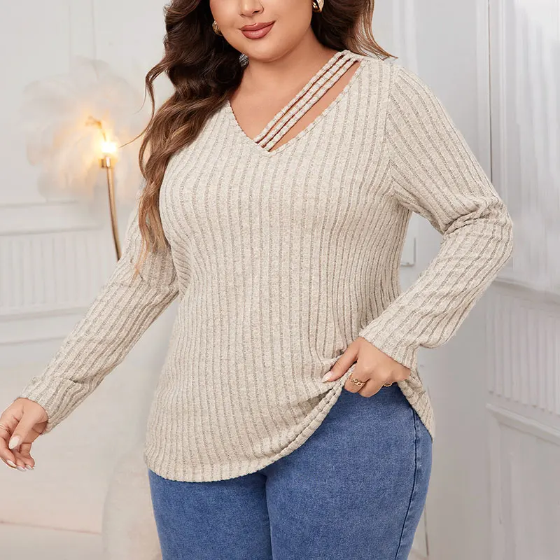 

Plus Size Sexy Irregular Strap V-neck Striped Knitted Sweater Women Autumn Long Sleeve Apricot Loose Pullover Sueter Feminino