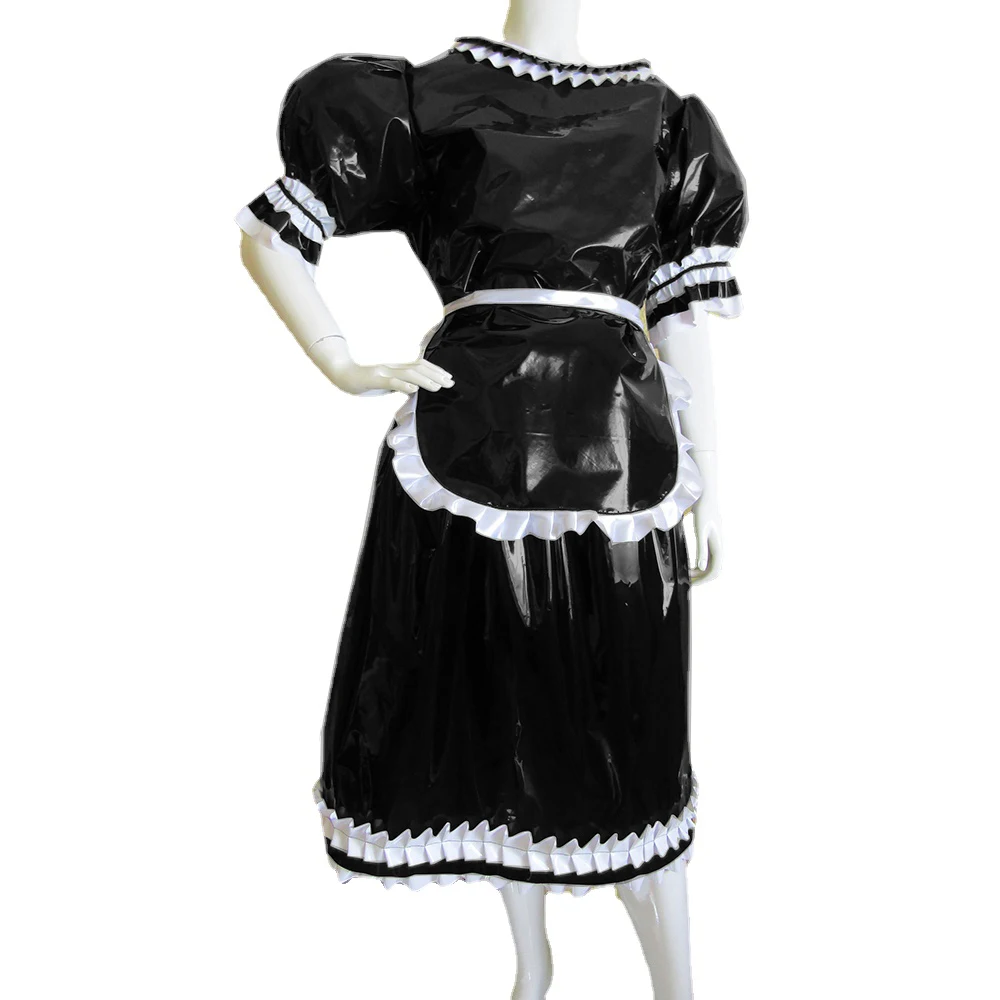 Sissy Frills O-Neck Puff Short Sleeve Midi Maid Dress with Ruffles Apron, Party Lolita, Slim Maid Uniform, Cosplay Costumes