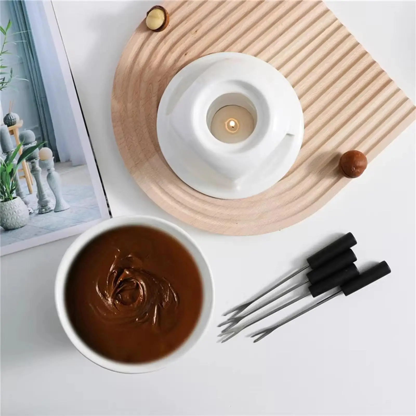 Taza para Fondue con tenedor, 220ml, postres de cerámica, olla para Fondue, queso Personal, mantequilla, taza para derretir para postres de caramelo, aperitivos, dulces y leche