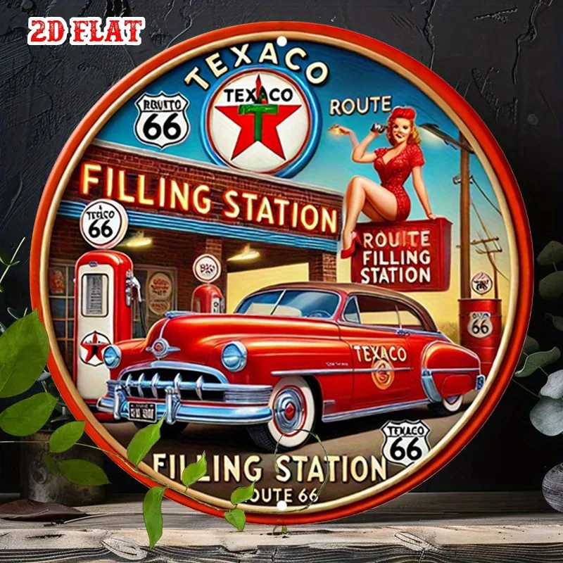 Señal circular de madera para estación de gasolina antigua, plana, 2D, 66 Ruta, decoración de estación de gasolina Retro Texaco, coche rojo y bomba, 1 ud.