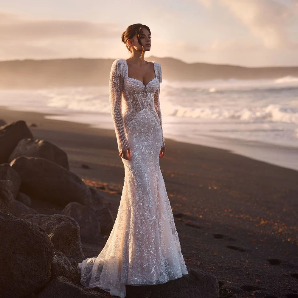 

Mermaid Sweetheart Tulle Wedding Dress 2025 Luxury Full Sleeve Sequined Applique Lace Bride Gowns vestidos de novia Customized