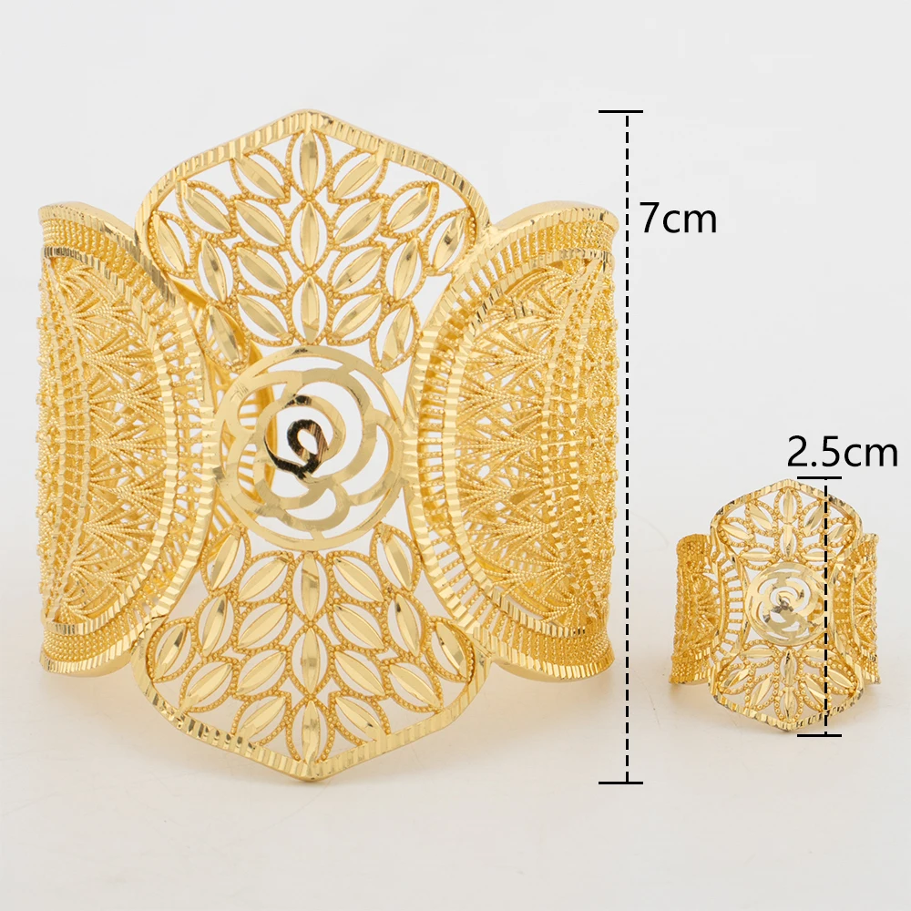 Hohles Modisches Goldfarbenes Manschettenarmband, Ring, Kupferlegierung, Vergoldeter Schmuckset, Armreif für Damen, Täglicher Gebrauch, Party, Hochzeitsgeschenke – Detail 16