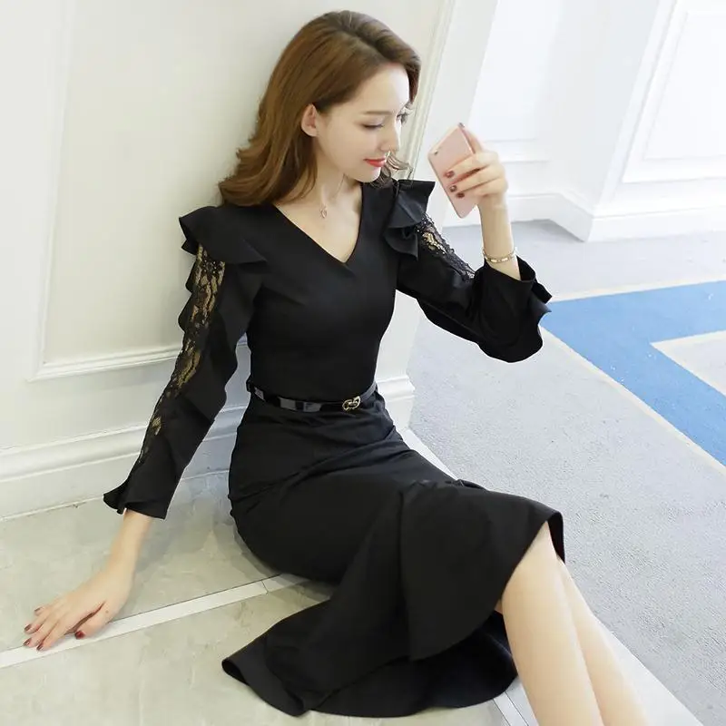 

Spring Summer Patchwork Solid Dresses V-neck Pullovers Ruffles Temperament Casual Women's Clothing Three Quarter Sleeve Skinny