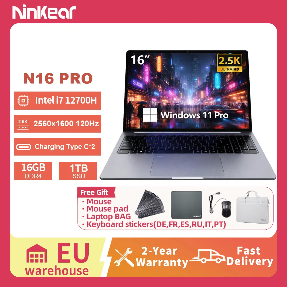 Ninkear N16 Pro Laptop 16 Zoll Display 2.5K 120Hz Intel Core i7-12700H 16GB RAM 1TB SSD WiFi 6 Windows 11 Pro Notebook Gaming für Büro Studenten Multimedia