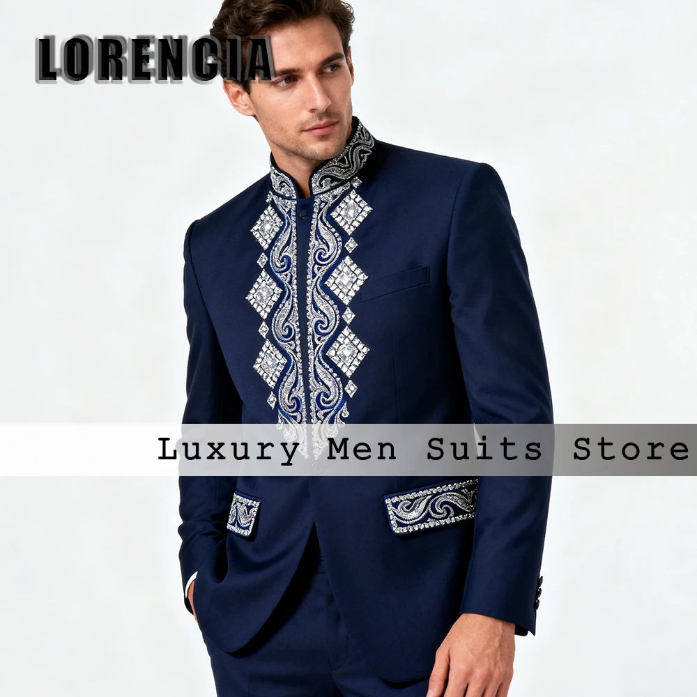 

Vintage Diamond Male Suits 2 Piece Stand-up Collar Jacket Evening Party Tuxedos 2025 Customized Blazer Pants trajes para hombre