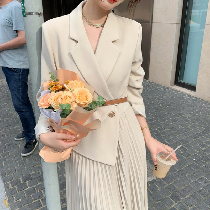 Women Blazer Dress 2024 Autumn New Korean Fashion Suit Spliced Pleated Long Dress Elegant Women Stylish Outfit OL Vintage Dress