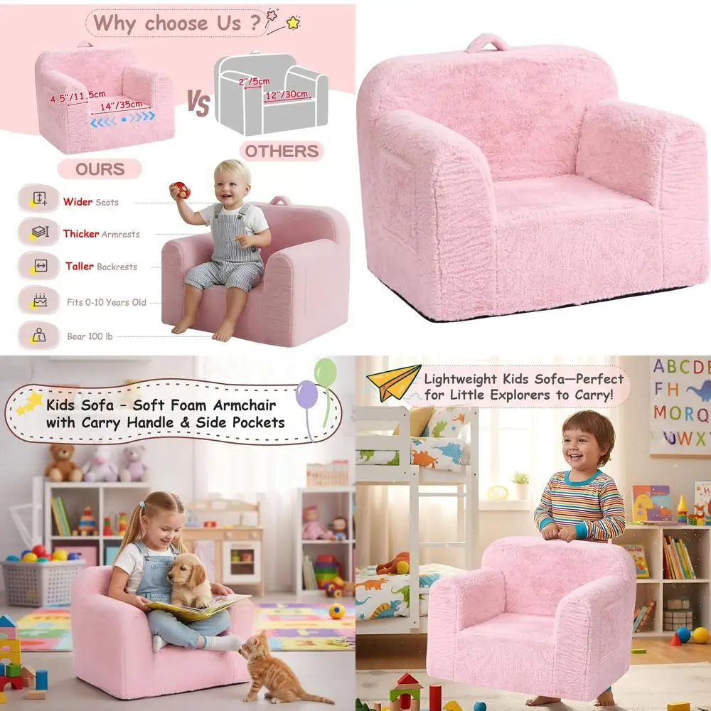 

Portable Pink Children's Sofa with Carry Handle, Lightweight Playroom Chair for Dorms and Small Spaces