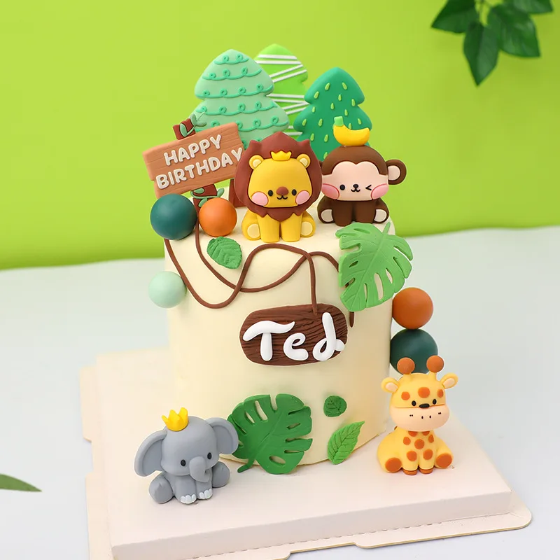 

Cake Topper Cartoon Animal Soft Rubber Doll Mori Tree Road Sign Children's First Birthday Baptism Gender Reveal Cake Decoration