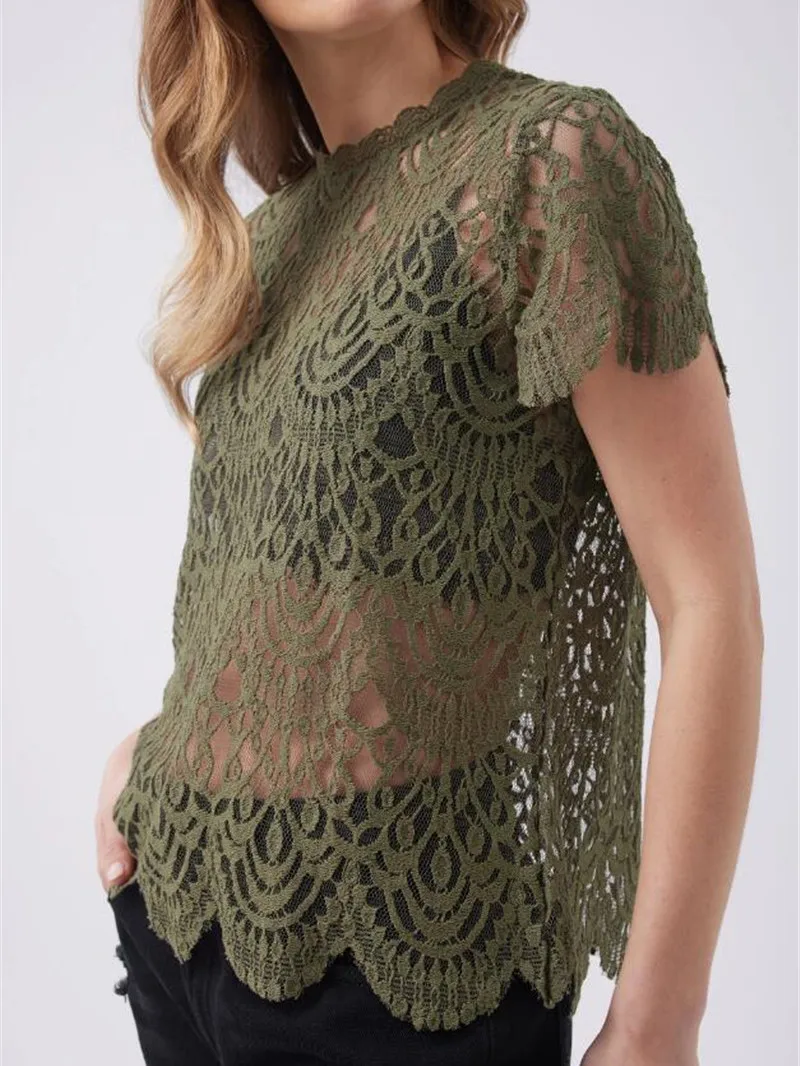 Lace Hollow out round Ne ort Sve Cotton T-irt Women's Summer Casual Sle Top Comfortable Breathable Dj Cotton Lace