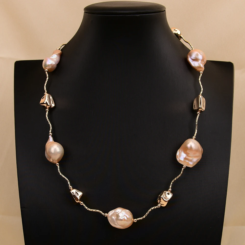 GG 20'' Natural Cultured Pink Baroque Pearl Gold Plated Beads Keshi Pearl Necklace Party Chain Sweater chain For Lady