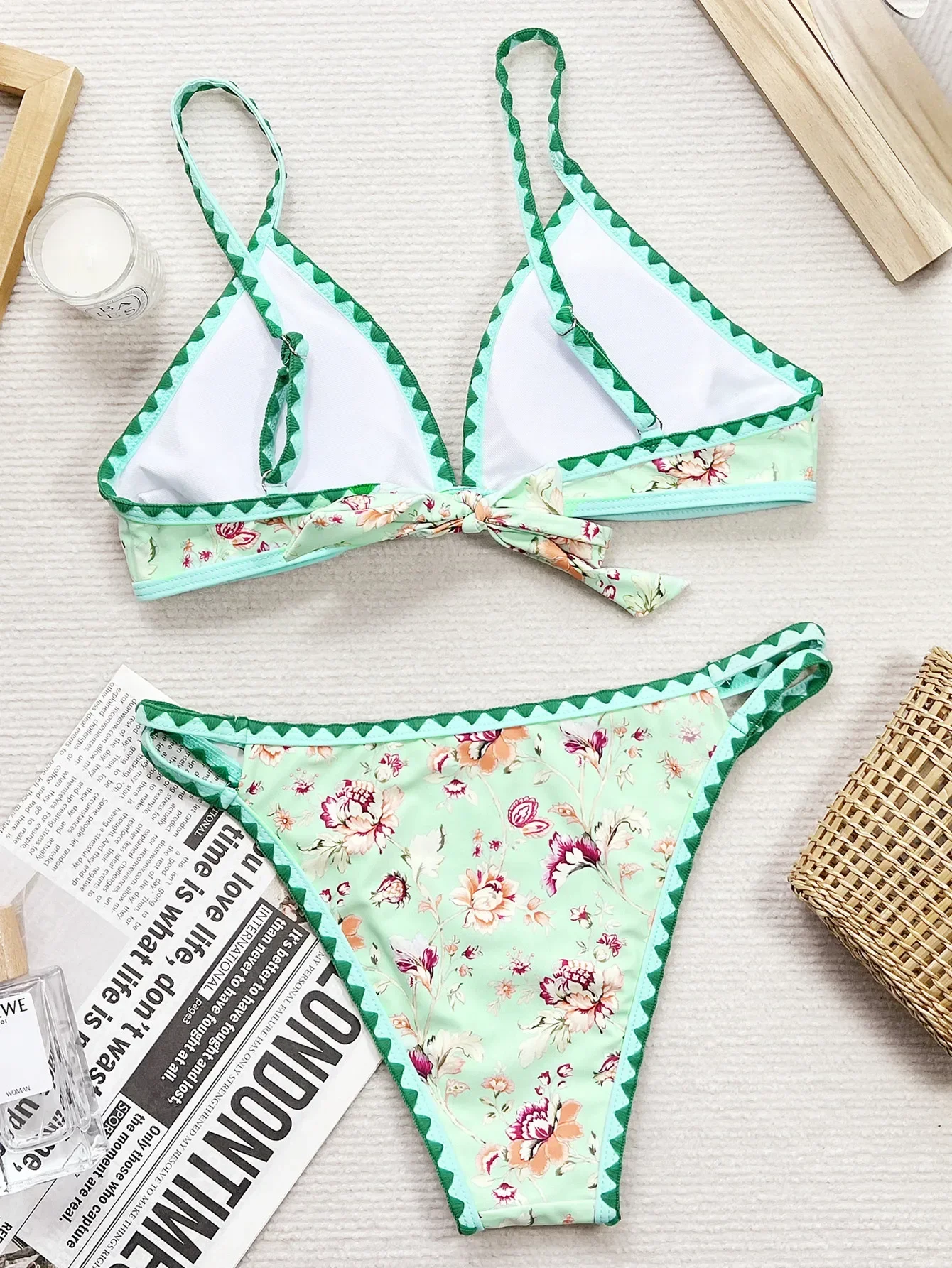 Light Green Print Swimsuit for Women,2024 New 2 Piece Bikini,summer Beach Vacation High Waist Hollow Out Suspender Swimwear