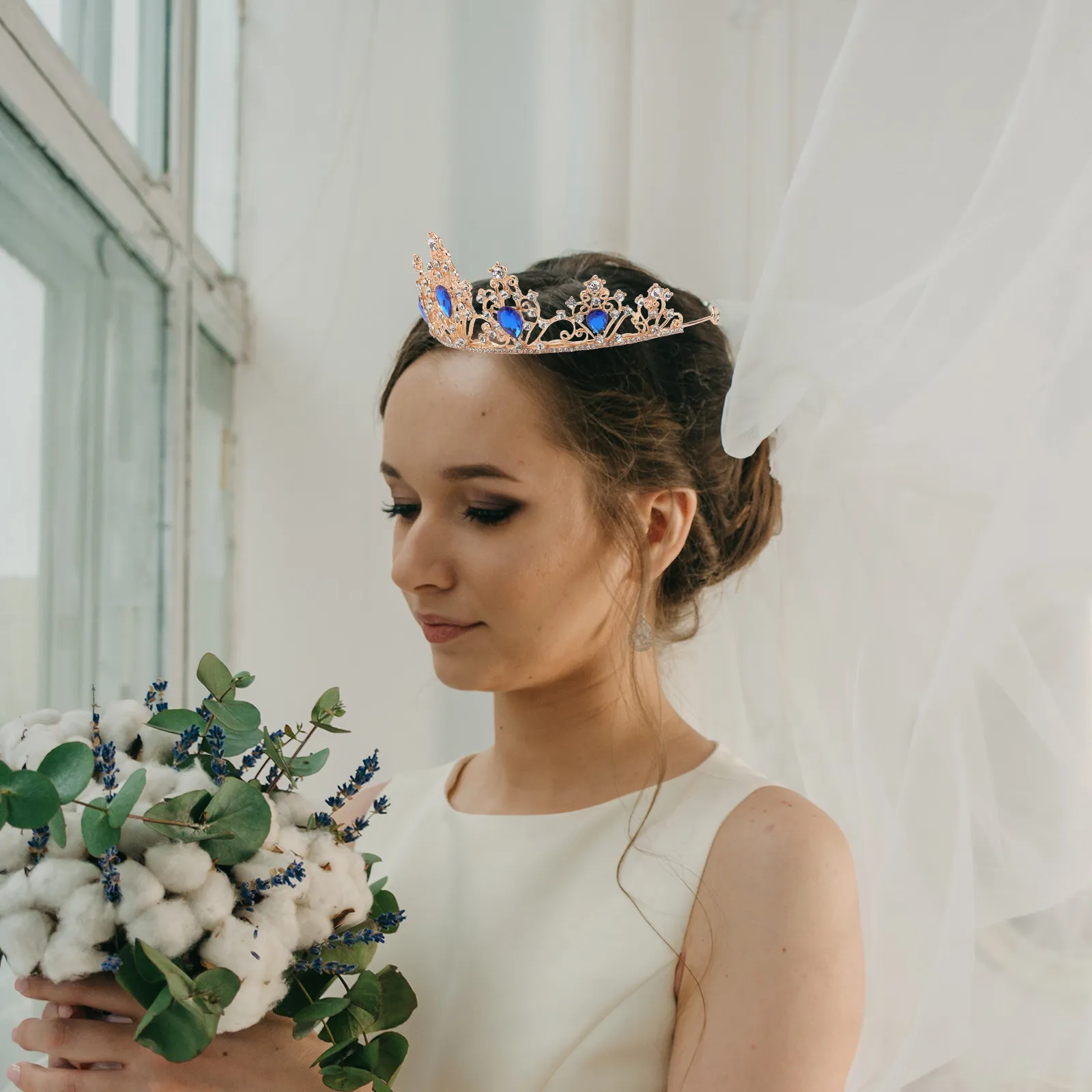 

Blue Rhinestone Queen Crown Full Headwear Vintage Statement Piece Bridal Wedding Pageant Prom Party Crown Headwear
