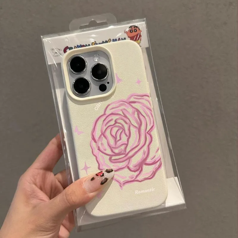 Pink Rose Fashion TPU Imitation Leather Phone Case for IPhone 16 Plus 15 14 13 12 11 Pro Max Shock-absorbing