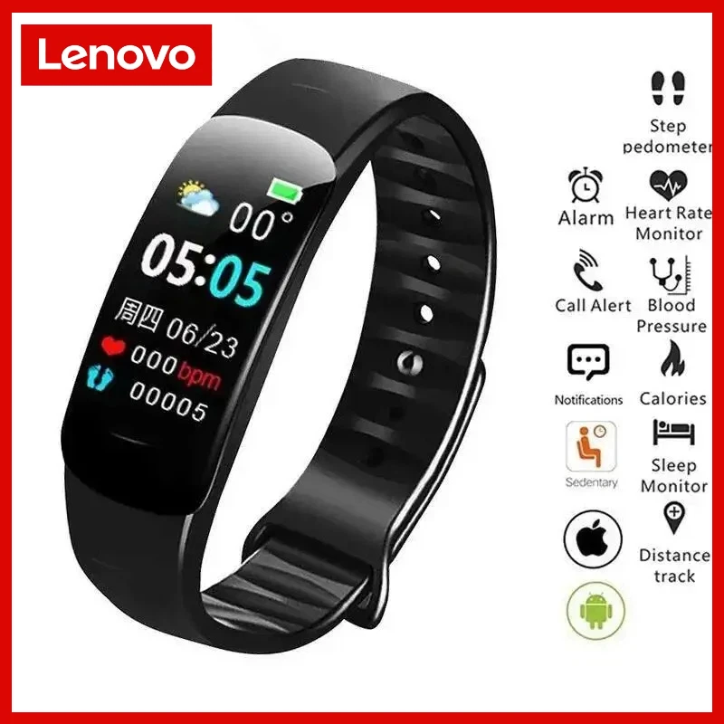 Reloj inteligente Lenovo C1 Plus con pantalla a color, Bluetooth, contador de pasos, pulsera deportiva, monitor de actividad física, frecuencia cardíaca, presión arterial, sueño