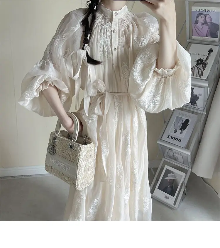 

Free ShippingFrance Elegant Lantern Sleeve Embroidery Midi Dress Women Spring New V Neck Lace Up Vestidos Korean Vintage Clothes