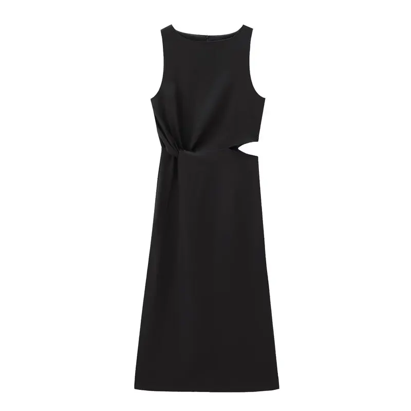 فستان أسود أنيق طويل غير متماثل مجموعة خريف جديدة موضة نسائية مكشوفة الظهر وفتحة الخصر بدون أكمام رقبة مستديرة