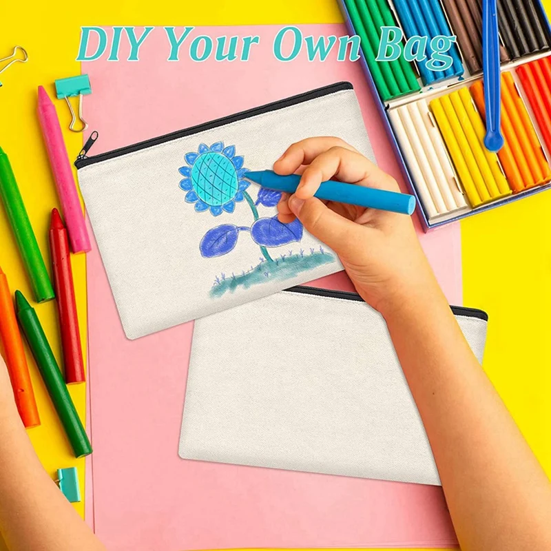 48Pieces Blank Craft DIY Canvas Pen Pencil Case- Invoice Bill Bag Makeup Bag Cosmetic Bag Multipurpose Toiletry Pouch