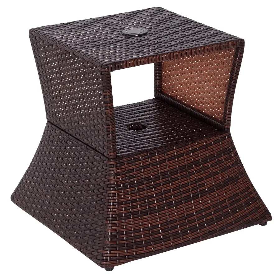

Rattan Wicker Patio Side Table with Umbrella Hole 2 Tier Storage AllWeather Garden Furniture Mixed Brown