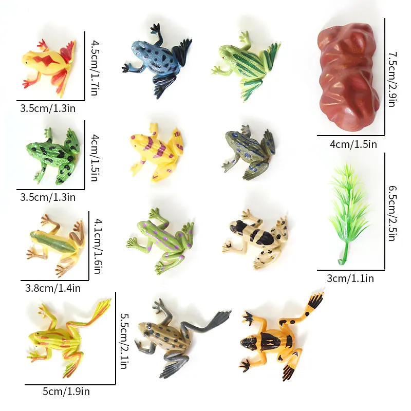 12pcs Mini Frogs,1 Grass and 1 stone Toy Set Small Realistic Frog Toy Decorations Frogs Rain Forest Lifelike Art Lawn decoration