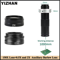 YIZHAN 150X Magnification Adjustable Microscope Lens with 0.5X/2X Objective Barlow Lens for C-Mount Digital Microscope Camera