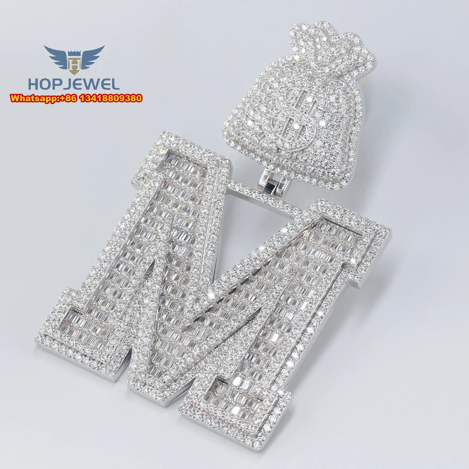 

JEWE Custom Men's Moissanite Diamond Letter M Pendant Full Iced Out S925 Emerald Cut Baguette VVS Diamond Hip Hop Necklace Chain