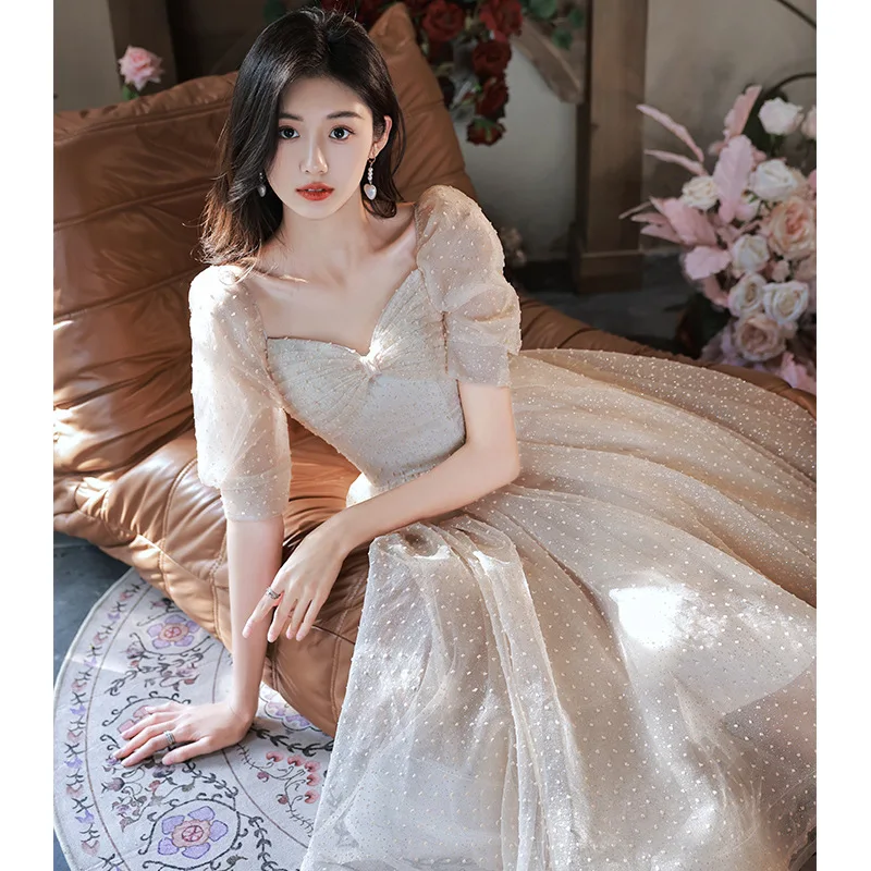 

Champagne Color Evening Gown Women's Luxury High-End Elegance Celebrity Maid of Dress Fashionable Long Princess Skirt