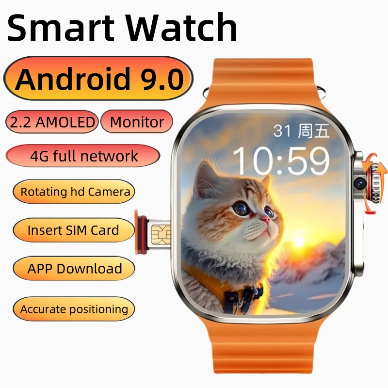 

Сетевые умные часы CDS9 4G, 2,2-дюймовый AMOLED-экран 448*528, вращающаяся камера, Android 9.0, Google Play Store, глобальная версия