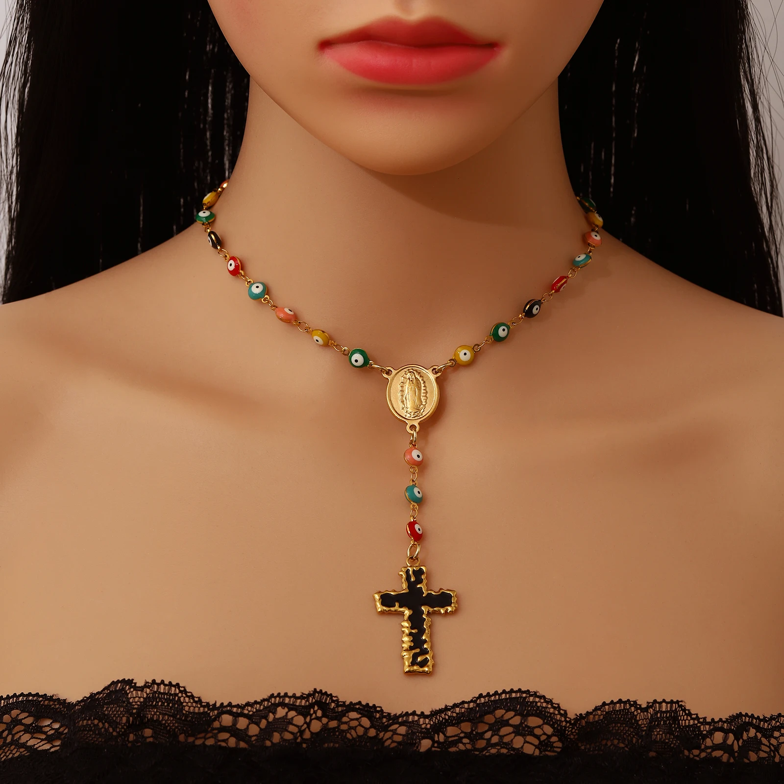

18K Gold Plated 304 Stainless Steel Madonna Pendant Cross Necklace For Women Colored Devil's Eye INS Style Y2K Religious Jewelry