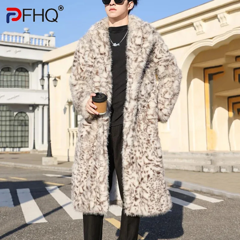 PFHQ Abrigo largo hasta la rodilla de piel sintética de visón para hombre, cortavientos grueso y cálido con estampado de leopardo ﻿ 2024 Tops masculinos 21Z5560