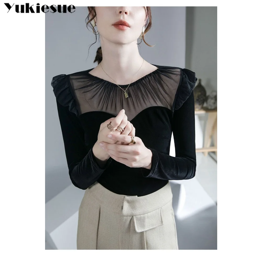 Spring New Women Fashion Harajuku Leisure Patched Mesh Crew Collar Velvet Stretch Elegant T Shirts Lady Ruffles Long Sleeve Tops