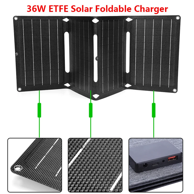 36W 5V/18V Portable Folding Solar Charger ETFE Lamination USB/Type-C/DC Interface Flexible Solar Folding Pack for Hiking Camping
