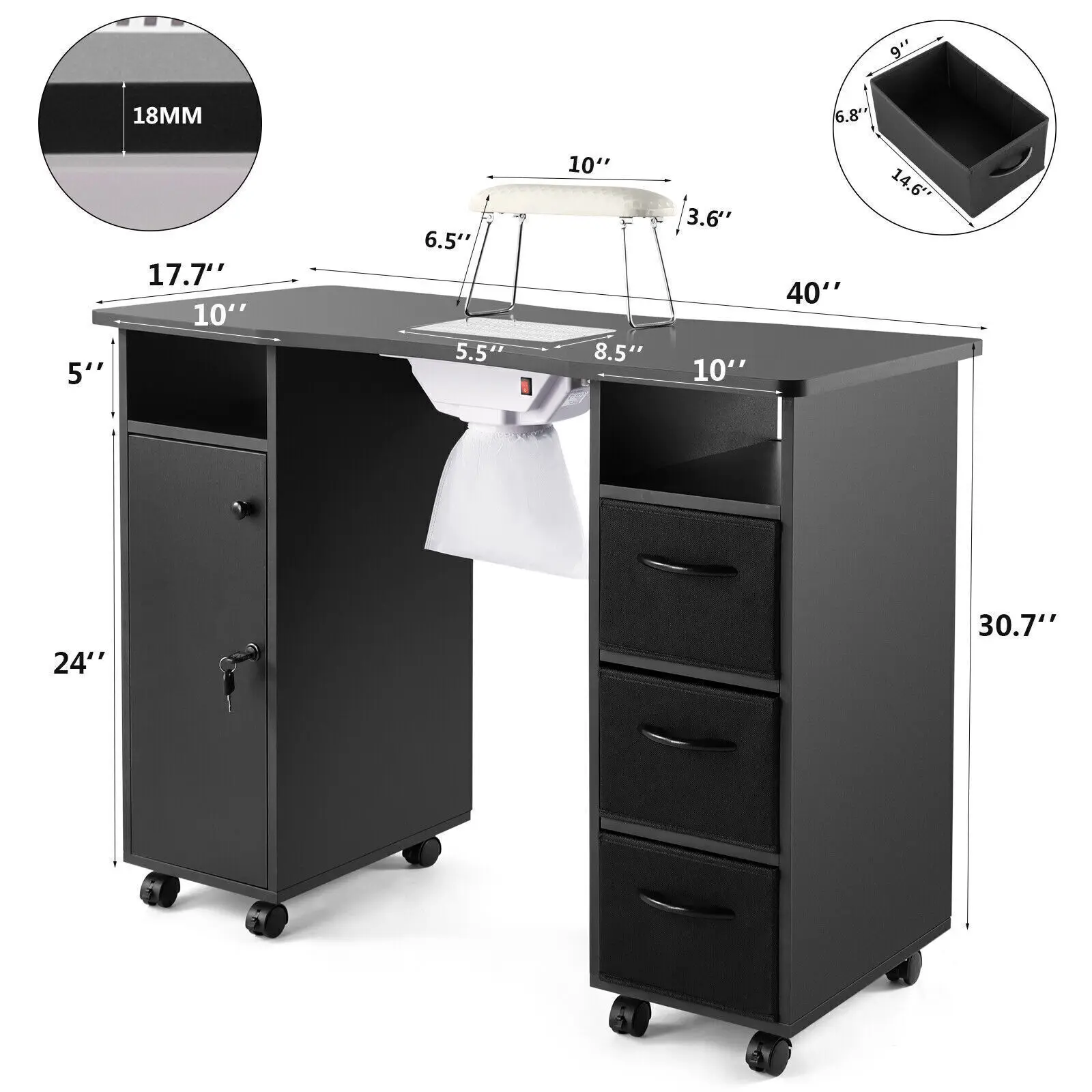 

Pro Manicure Table Nail Desk Beauty Salon Dust Collector Drawers+Wheel+Wrist Pre