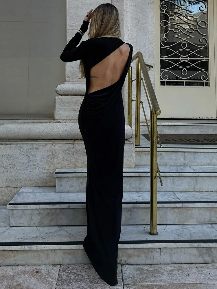 

Backless Long Sleeve Sexy Maxi Dress Women Gown Autumn Winter New High Waist Pleated Club Party Long Dress Elegant