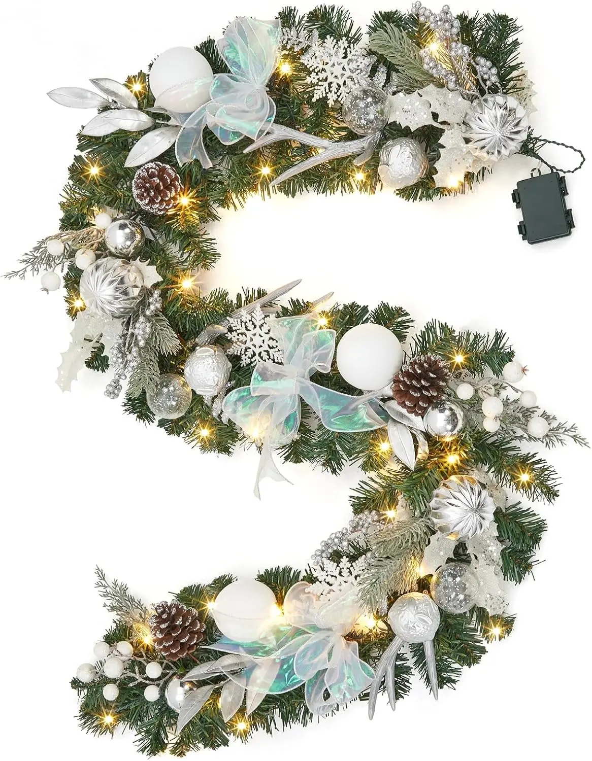 Garvee 6FT White Silver Christmas Garland with Lights & Timer for Mantle 20 LEDs 8 Modes Battery Operated, Lighted Winter Garland with Deer Antlers & Ball Ornaments for Fireplace Stairs - view 4